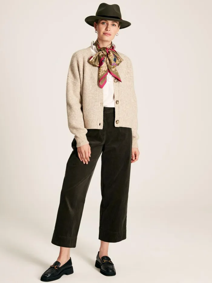 Joules Knitwear Women Brown V Neck Ribbed Knit Buttoned Cardigan