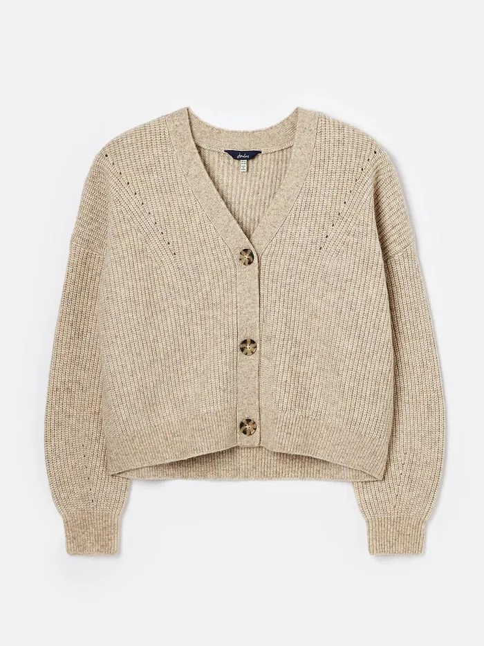 Joules Knitwear Women Brown V Neck Ribbed Knit Buttoned Cardigan