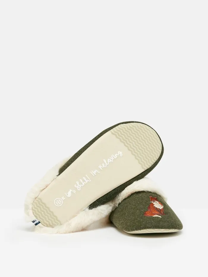 Joules Nightwear Women Green Faux Fur Lined Embroidered Mule Slippers
