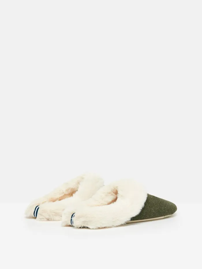 Joules Nightwear Women Green Faux Fur Lined Embroidered Mule Slippers