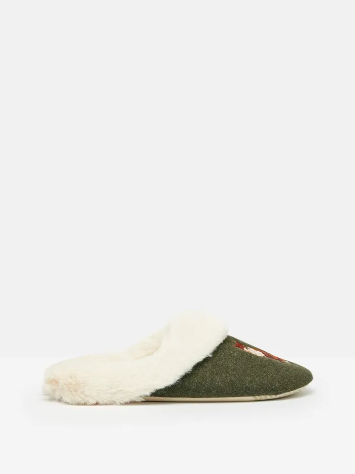 Joules Nightwear Women Green Faux Fur Lined Embroidered Mule Slippers