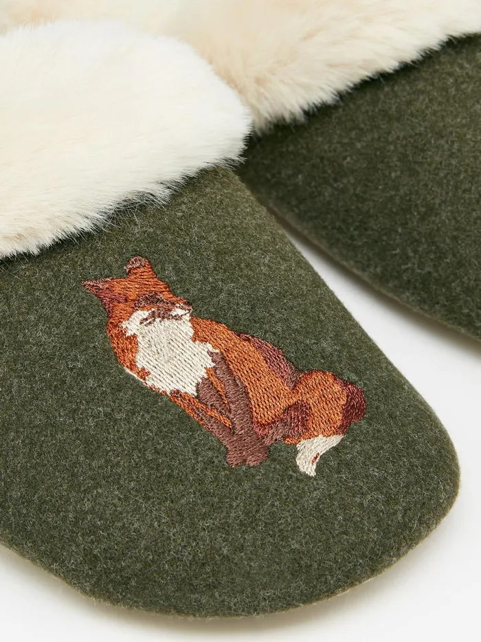 Joules Nightwear Women Green Faux Fur Lined Embroidered Mule Slippers