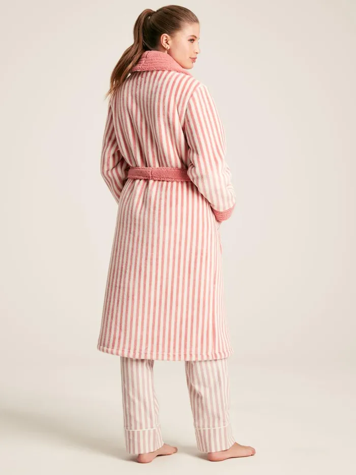 Joules Nightwear Women Pink Fleece Lined Striped Dressing Gown With Hood