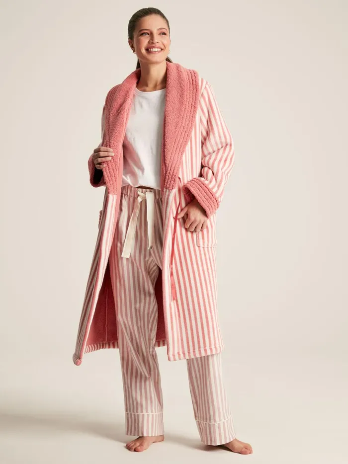 Joules Nightwear Women Pink Fleece Lined Striped Dressing Gown With Hood