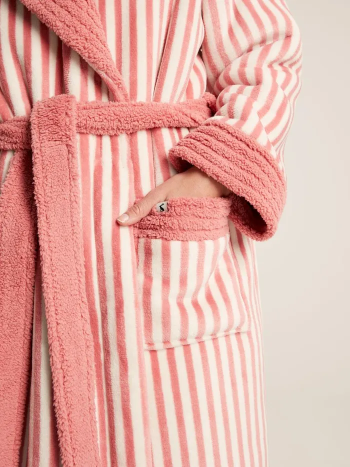 Joules Nightwear Women Pink Fleece Lined Striped Dressing Gown With Hood