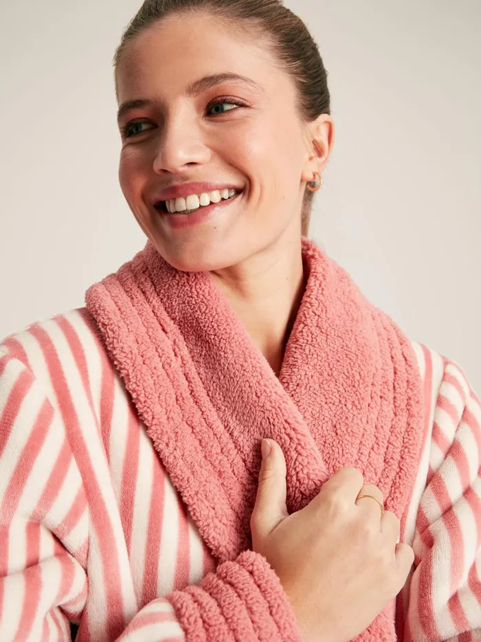 Joules Nightwear Women Pink Fleece Lined Striped Dressing Gown With Hood