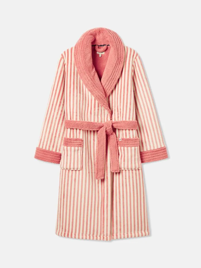 Joules Nightwear Women Pink Fleece Lined Striped Dressing Gown With Hood