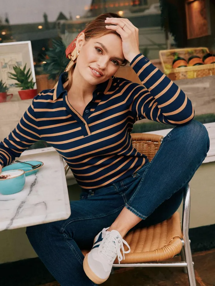 Joules Tops Women Navy and Tan Long Sleeve Ribbed Polo Shirt