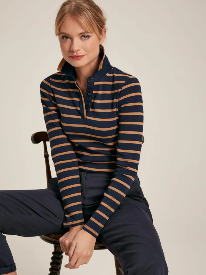Joules Tops Women Navy and Tan Long Sleeve Ribbed Polo Shirt
