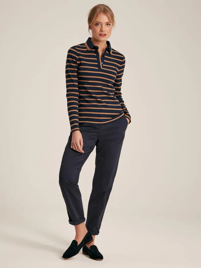 Joules Tops Women Navy and Tan Long Sleeve Ribbed Polo Shirt
