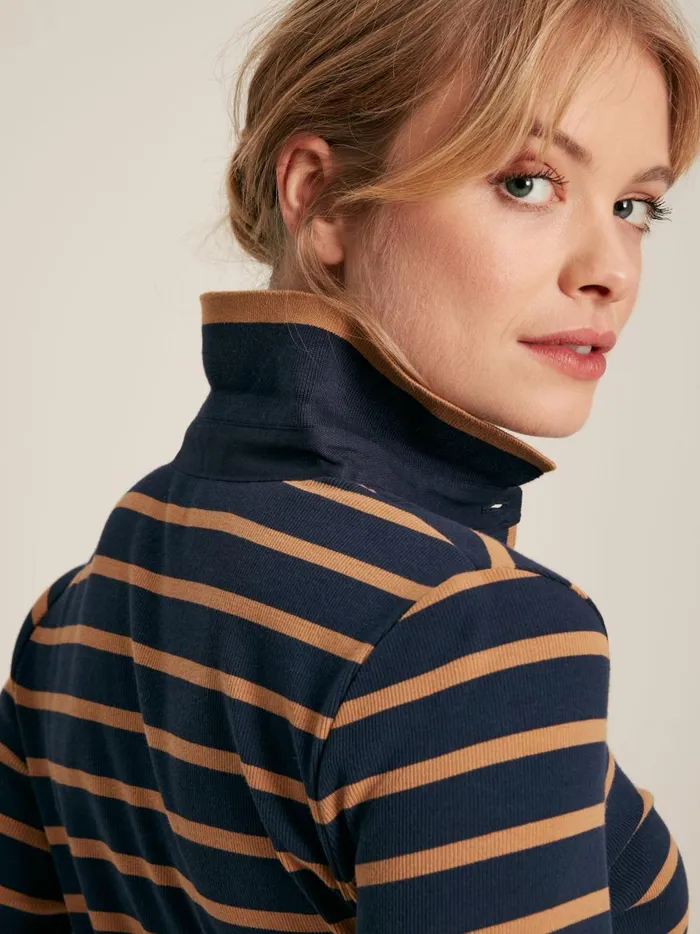 Joules Tops Women Navy and Tan Long Sleeve Ribbed Polo Shirt