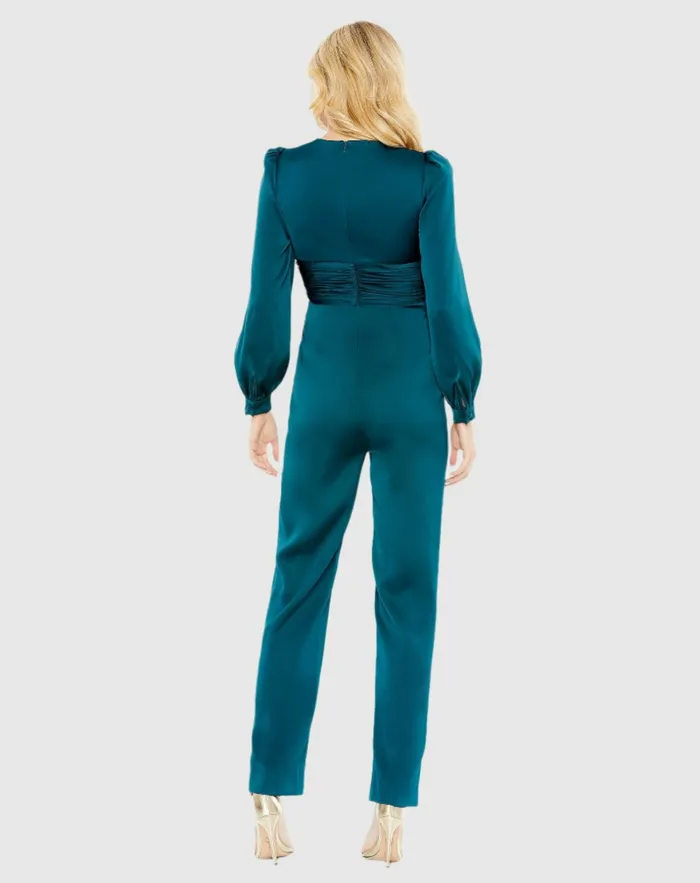 Jumpsuits and Rompers Mac Duggal Women Teal Front Twist Puff Sleeve Deep V Jumpsuit Deep Green