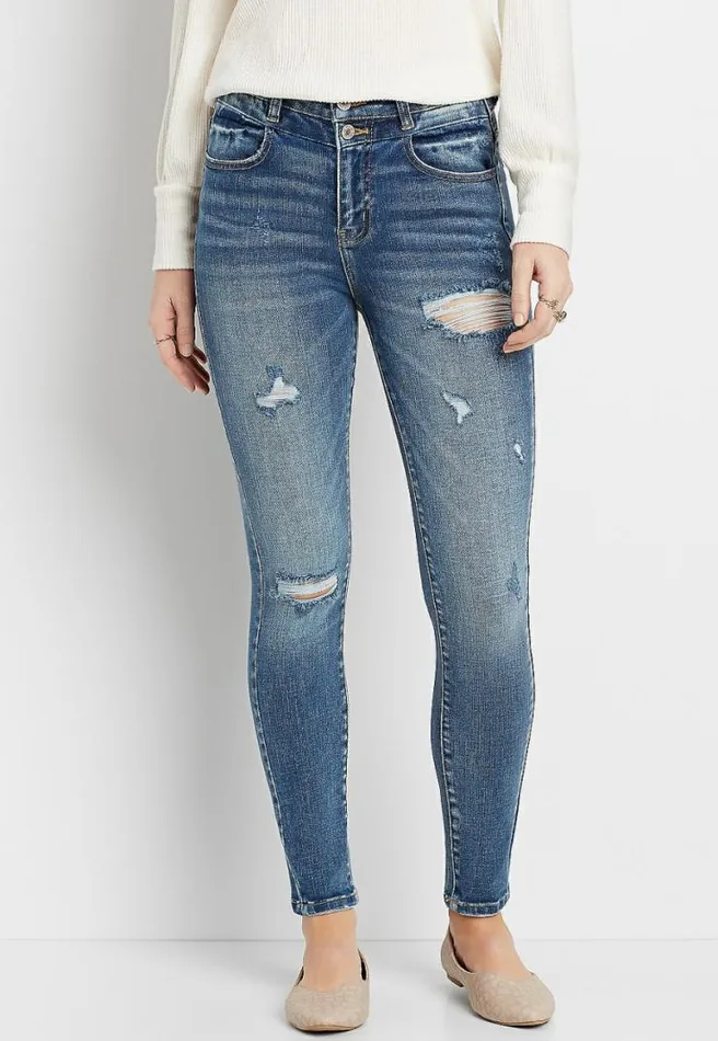 Kancan High Rise Dark Destructed Stacked Waist Skinny Jean Women Maurices Jeans