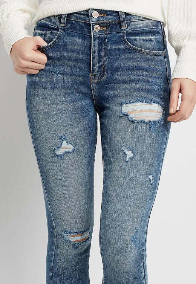 Kancan High Rise Dark Destructed Stacked Waist Skinny Jean Women Maurices Jeans