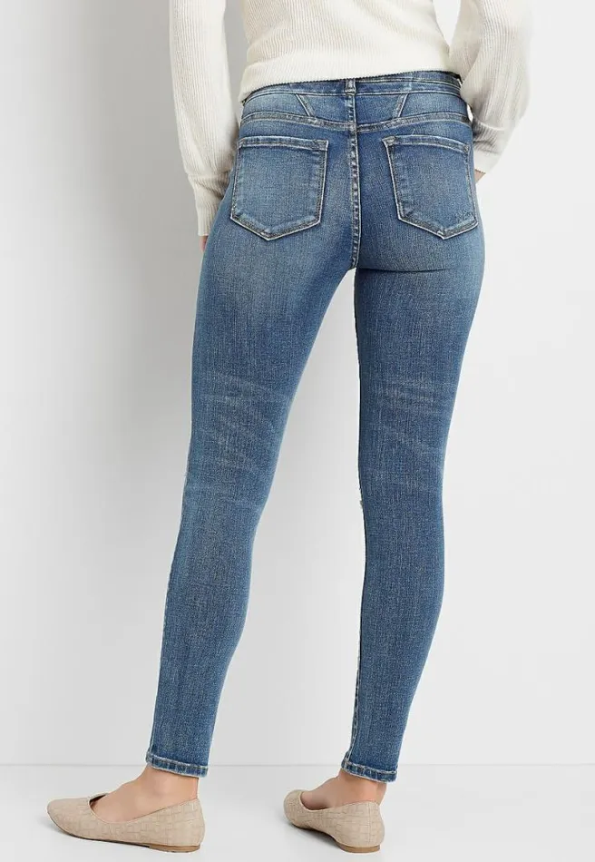 Kancan High Rise Dark Destructed Stacked Waist Skinny Jean Women Maurices Jeans