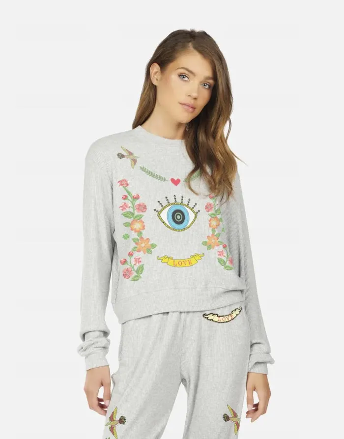 Kaz Floral Eye Love Heather Grey Women Lauren Moshi Long Sleeve