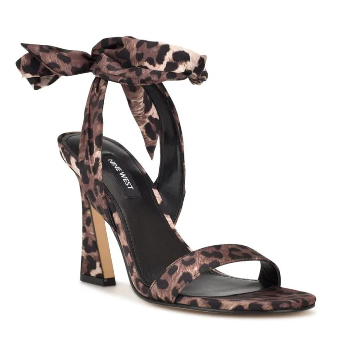 Kelsie Ankle Wrap Heeled Sandals Leopard Satin Women Nine West Heels