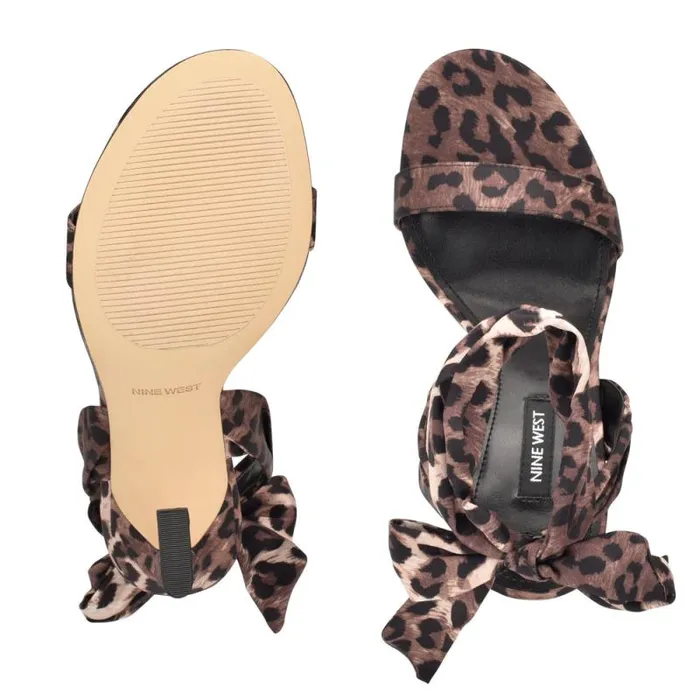 Kelsie Ankle Wrap Heeled Sandals Leopard Satin Women Nine West Heels