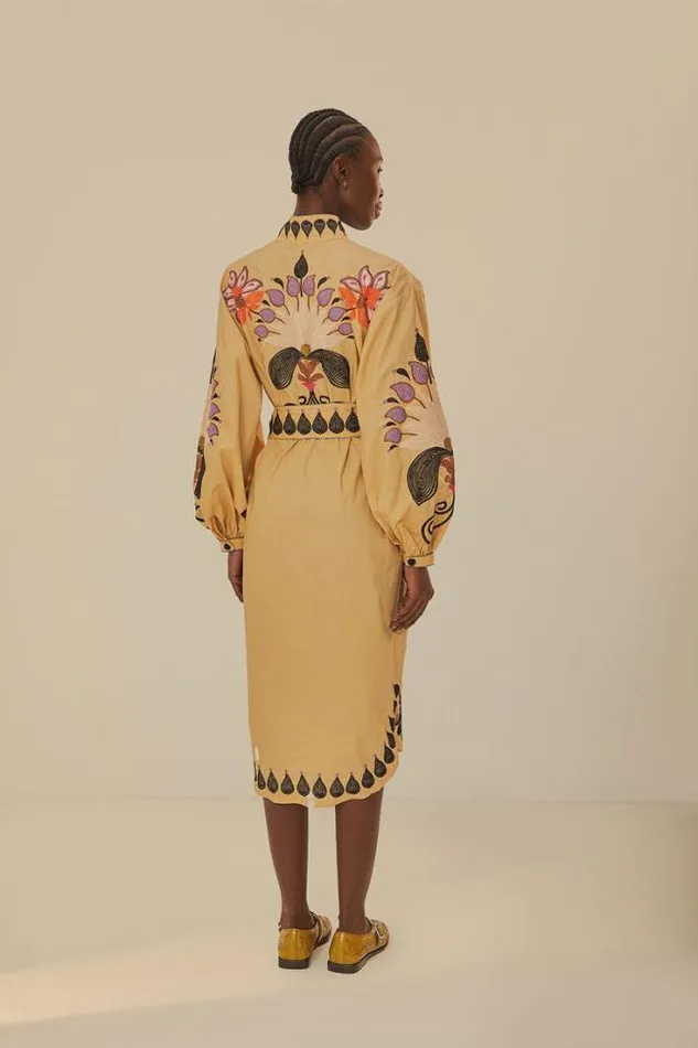 Khaki Flower Bird Embroidered Midi Dress Women FARM Rio Midi Dresses