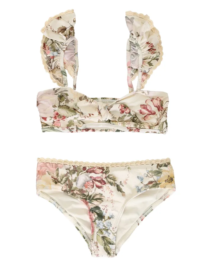 Kids Zimmermann Swimwear Waverly Trim Frill Bikini Cream Floral