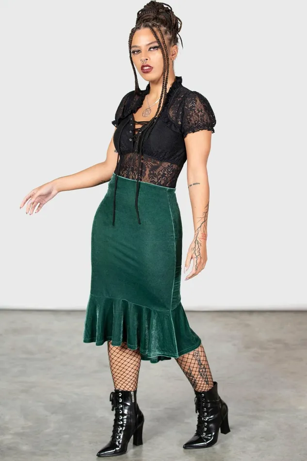 Killstar Velvet Women Drusilla Midi Skirt GREEN