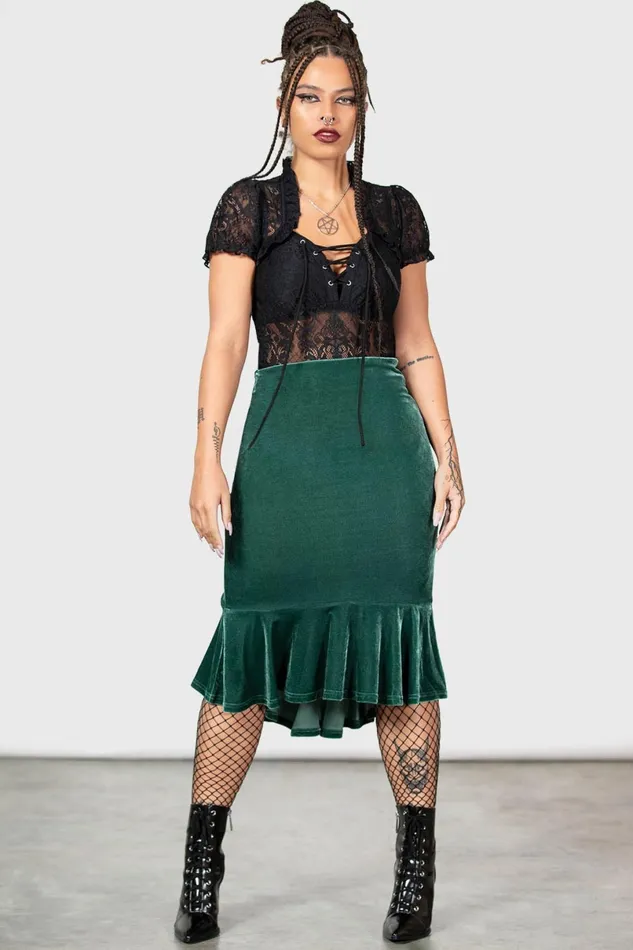 Killstar Velvet Women Drusilla Midi Skirt GREEN