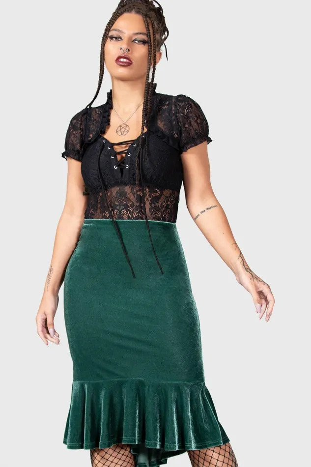 Killstar Velvet Women Drusilla Midi Skirt GREEN