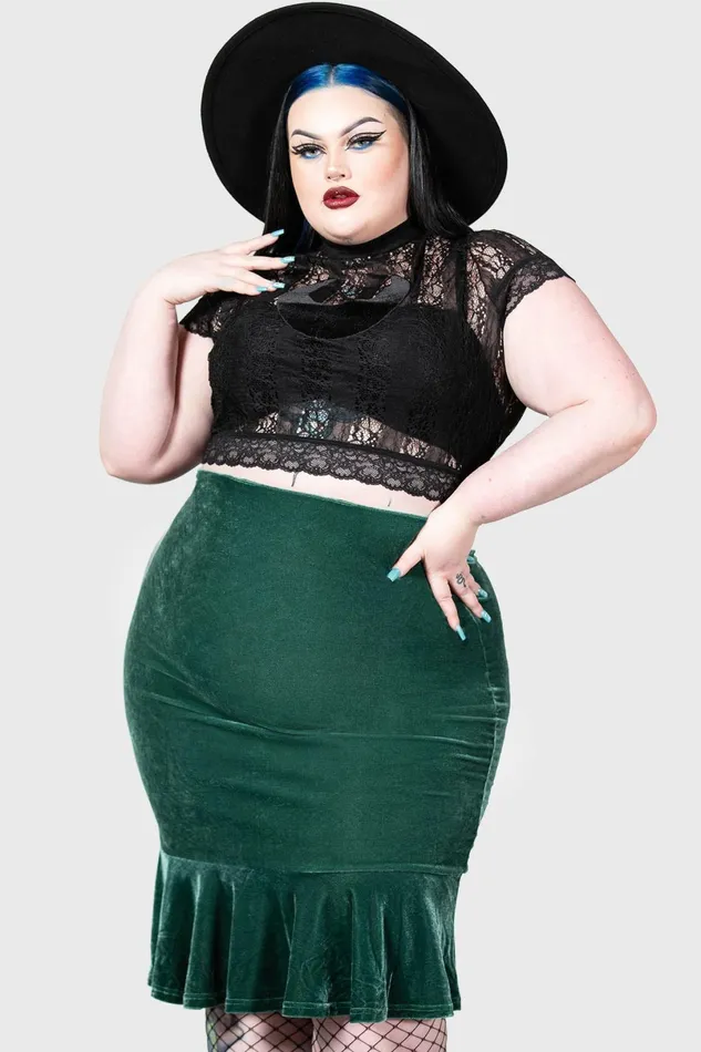Killstar Velvet Women Drusilla Midi Skirt GREEN