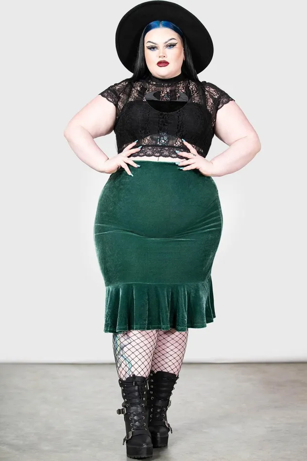 Killstar Velvet Women Drusilla Midi Skirt GREEN