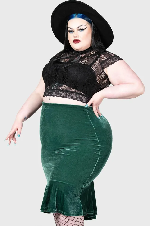 Killstar Velvet Women Drusilla Midi Skirt GREEN