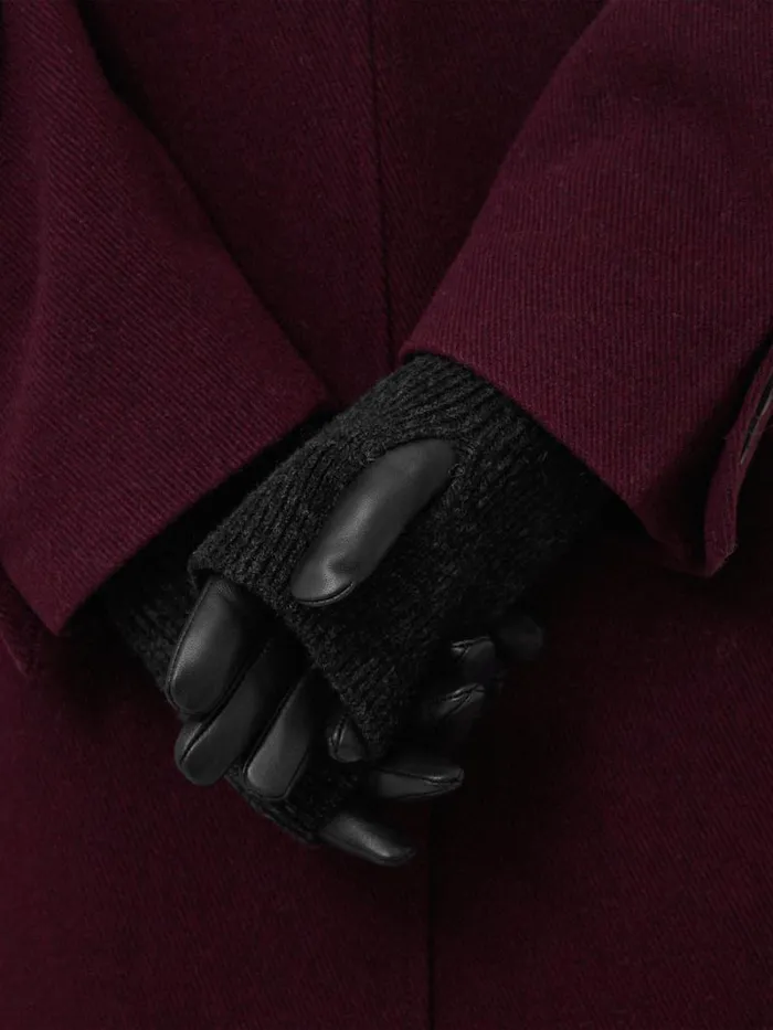 Knitted Leather Glove Black Women Jigsaw Hats and Gloves