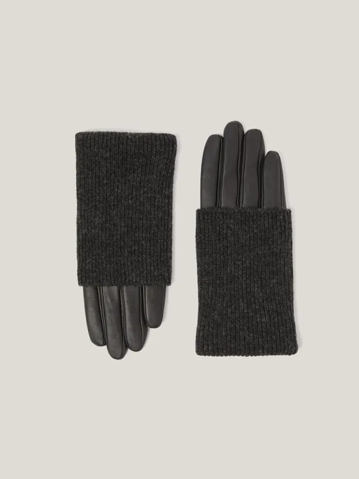 Knitted Leather Glove Black Women Jigsaw Hats and Gloves