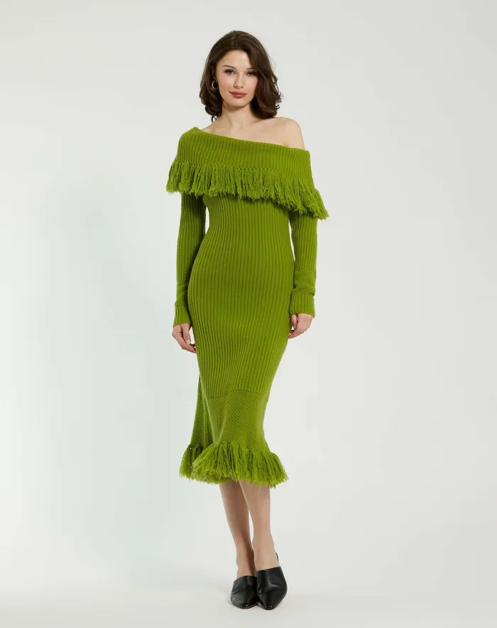 Knitwear Women Off The Shoulder Fringe Long Sleeve Knit Dress Pear Mac Duggal