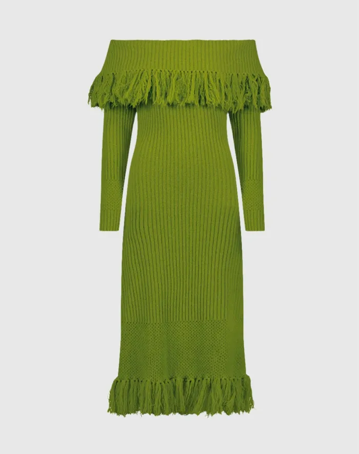 Knitwear Women Off The Shoulder Fringe Long Sleeve Knit Dress Pear Mac Duggal