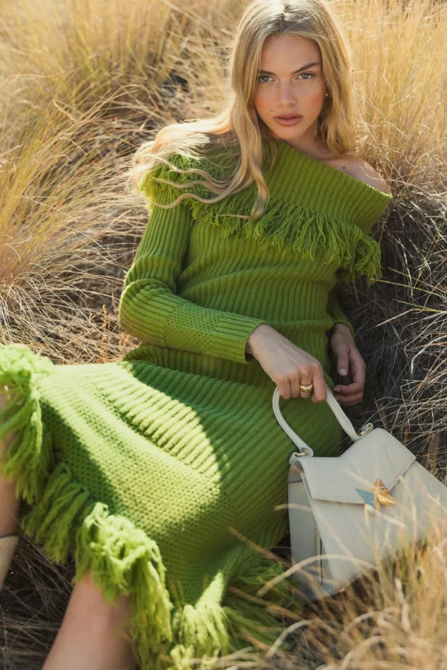 Knitwear Women Off The Shoulder Fringe Long Sleeve Knit Dress Pear Mac Duggal