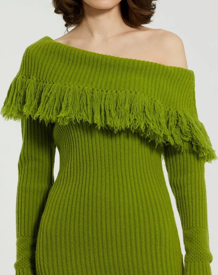 Knitwear Women Off The Shoulder Fringe Long Sleeve Knit Dress Pear Mac Duggal