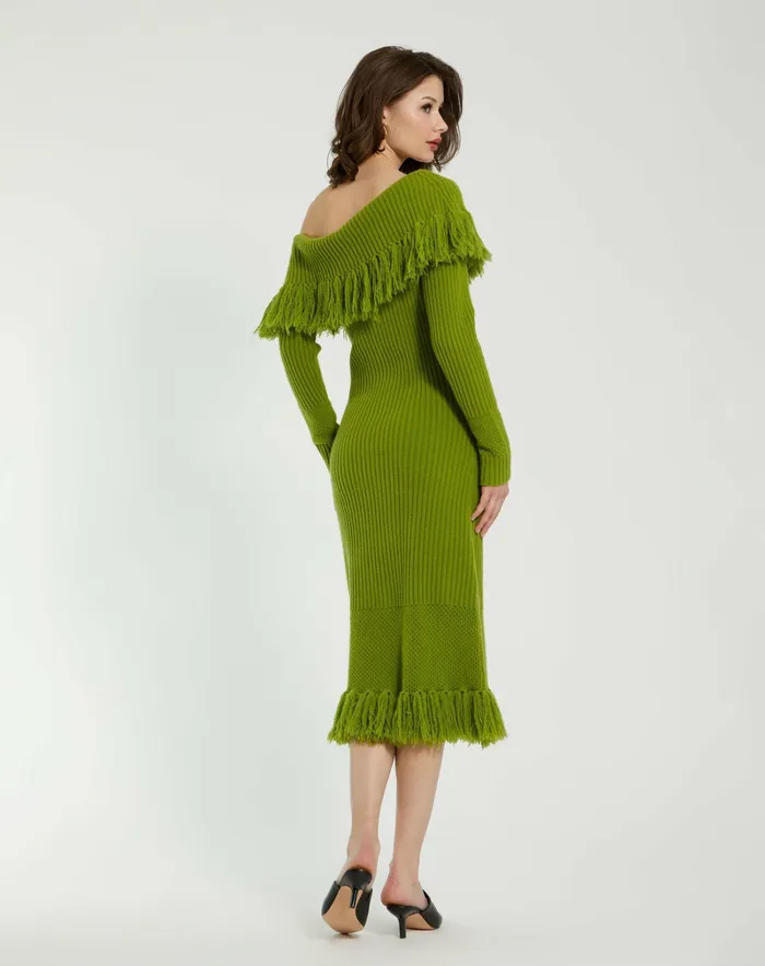 Knitwear Women Off The Shoulder Fringe Long Sleeve Knit Dress Pear Mac Duggal