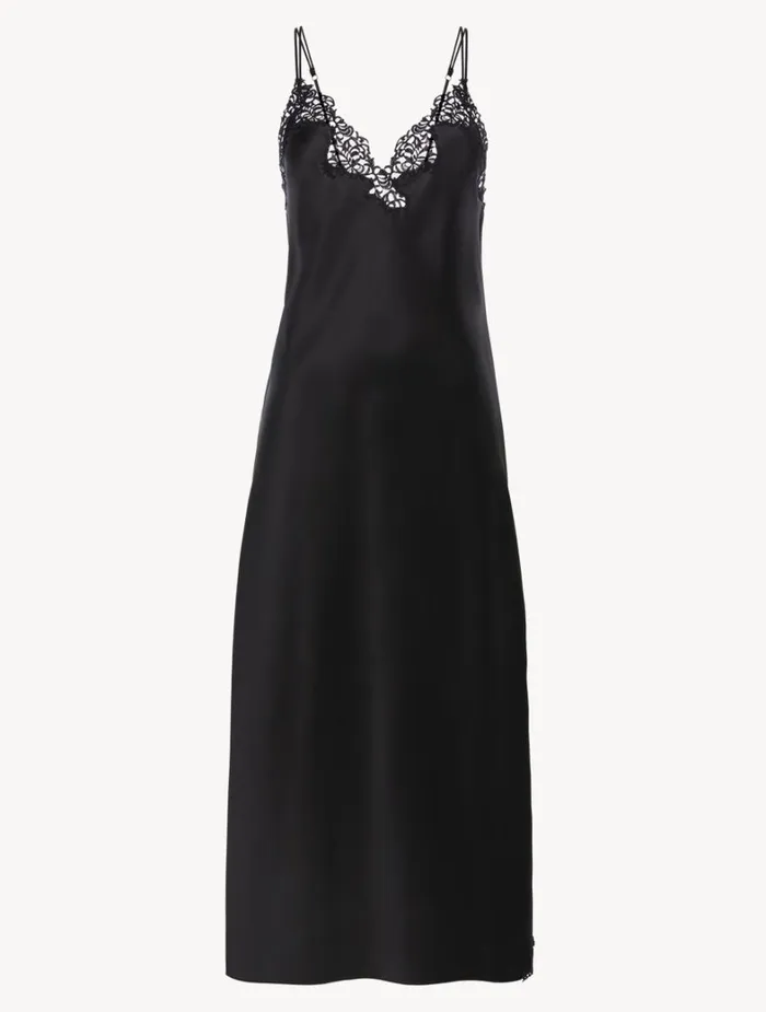 La Perla Black Silk Long Nightgown With Macram Women Slips and Dresses