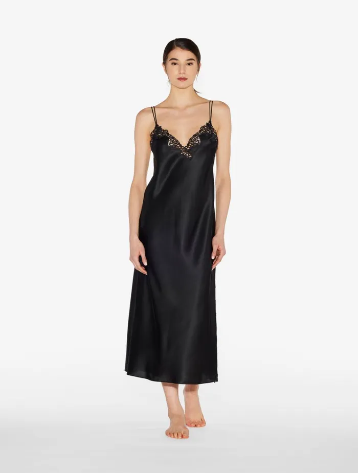 La Perla Black Silk Long Nightgown With Macram Women Slips and Dresses