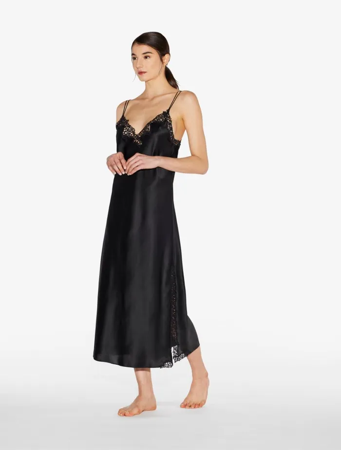 La Perla Black Silk Long Nightgown With Macram Women Slips and Dresses