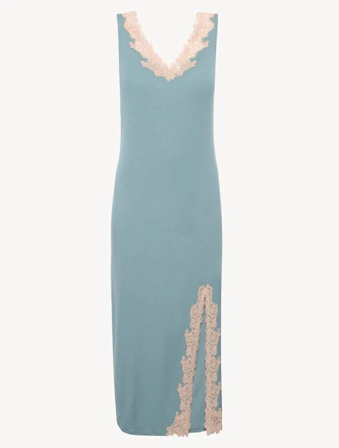 La Perla Long Cashmere Blend Ribbed Nightgown In Sleepy Dream With Frastaglio Women Pajamas