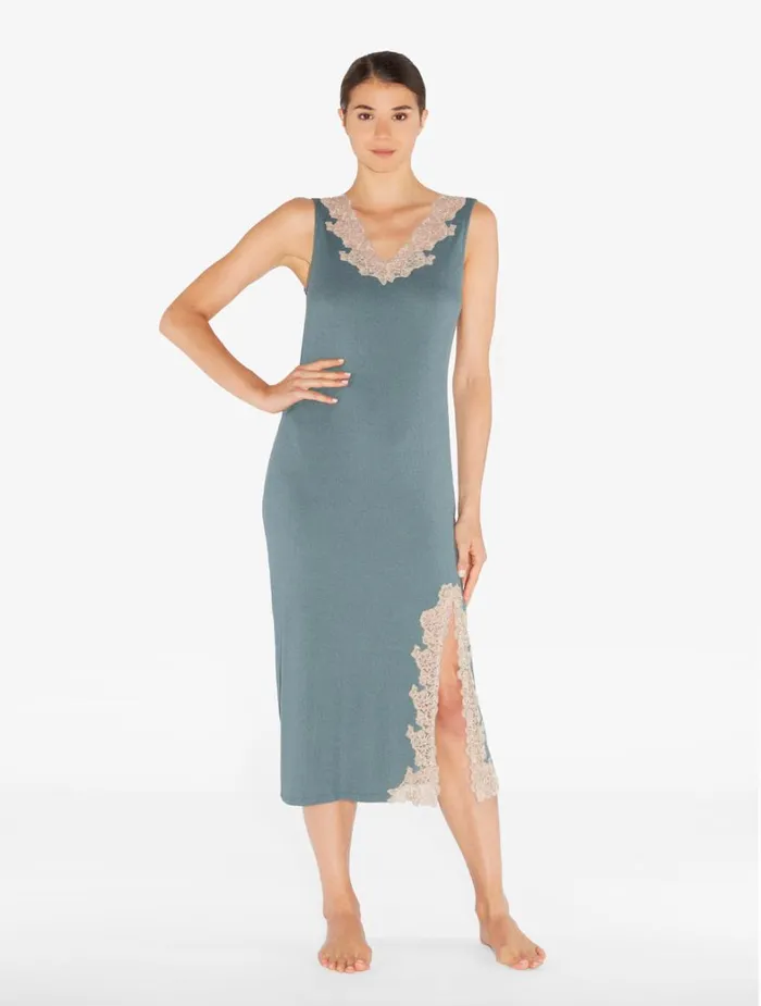 La Perla Long Cashmere Blend Ribbed Nightgown In Sleepy Dream With Frastaglio Women Pajamas