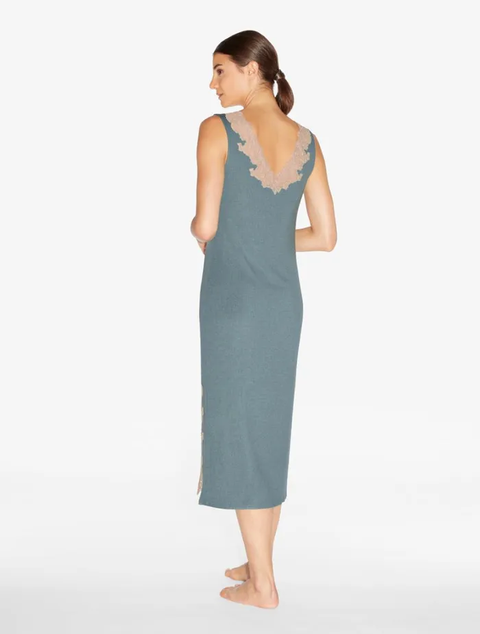 La Perla Long Cashmere Blend Ribbed Nightgown In Sleepy Dream With Frastaglio Women Pajamas