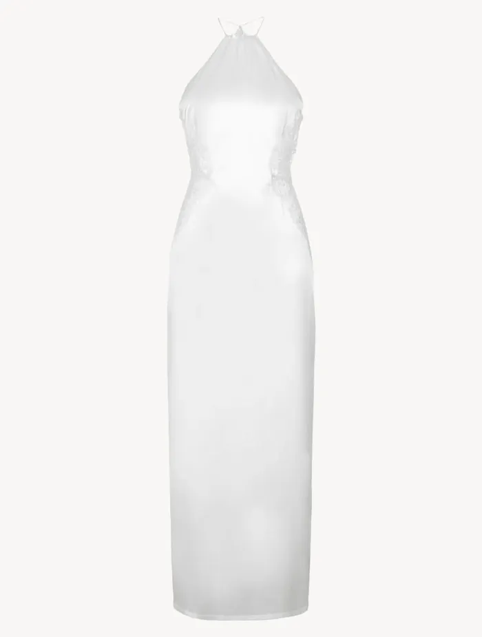 La Perla Silk Halter Nightdress In OffWhite With Leavers Lace Women Silk Sleepwear