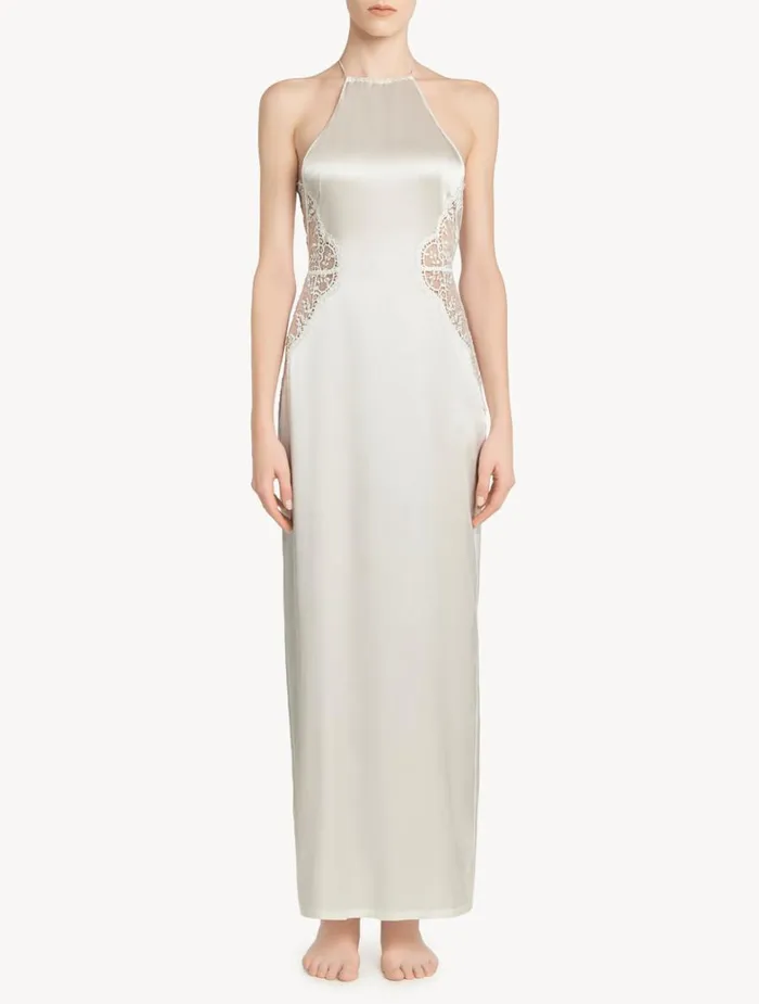 La Perla Silk Halter Nightdress In OffWhite With Leavers Lace Women Silk Sleepwear