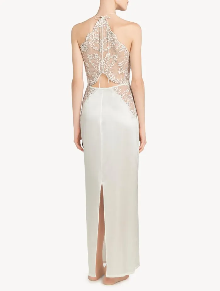 La Perla Silk Halter Nightdress In OffWhite With Leavers Lace Women Silk Sleepwear