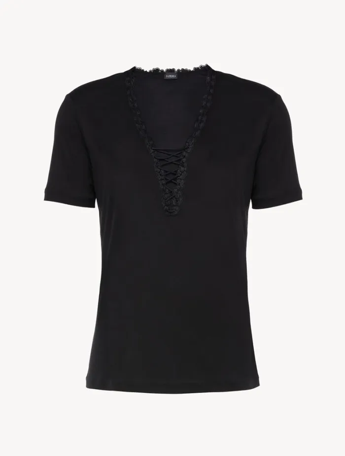 La Perla Tshirt In Black Modal With Embroidered Tulle Women Camisoles