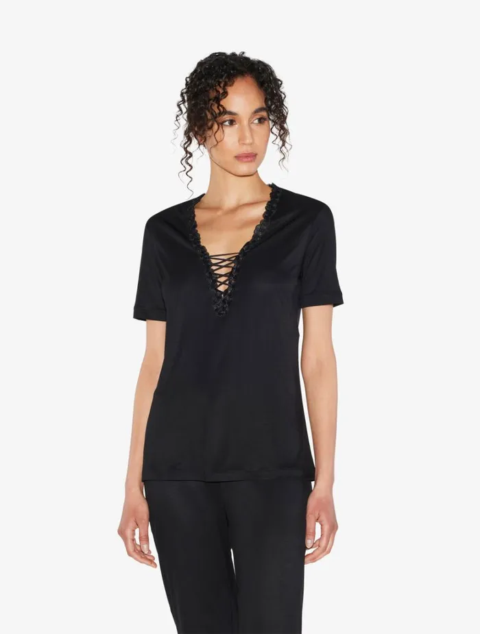La Perla Tshirt In Black Modal With Embroidered Tulle Women Camisoles