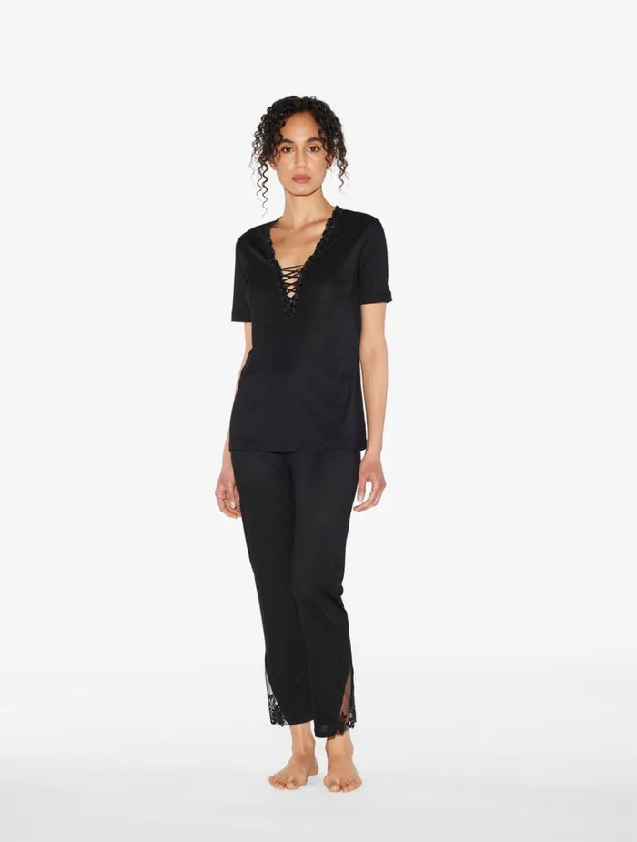 La Perla Tshirt In Black Modal With Embroidered Tulle Women Camisoles