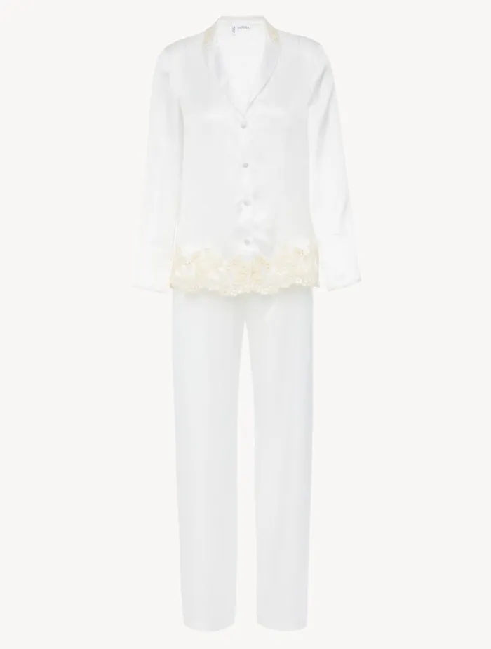 La Perla White Silk Long Pajamas With Frastaglio Women Pajamas